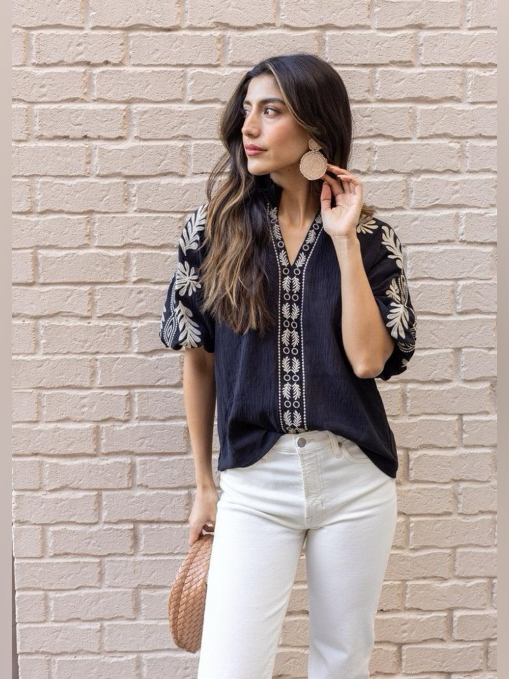 THML Josephine Embroidered Black Top Size Large